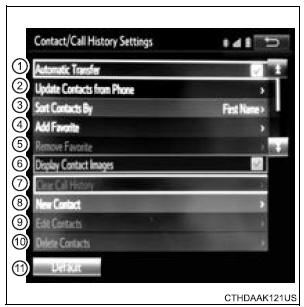 Toyota Sienna. Contact/Call History Settings screen